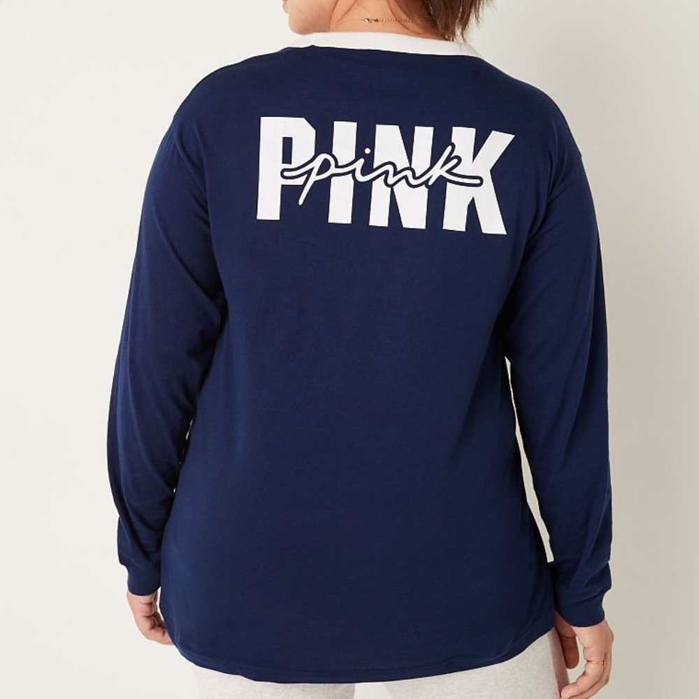 Victoria's Secret PINK Cotton Long Sleeve Campus Ringer T-Shirt Ensign Large NEW